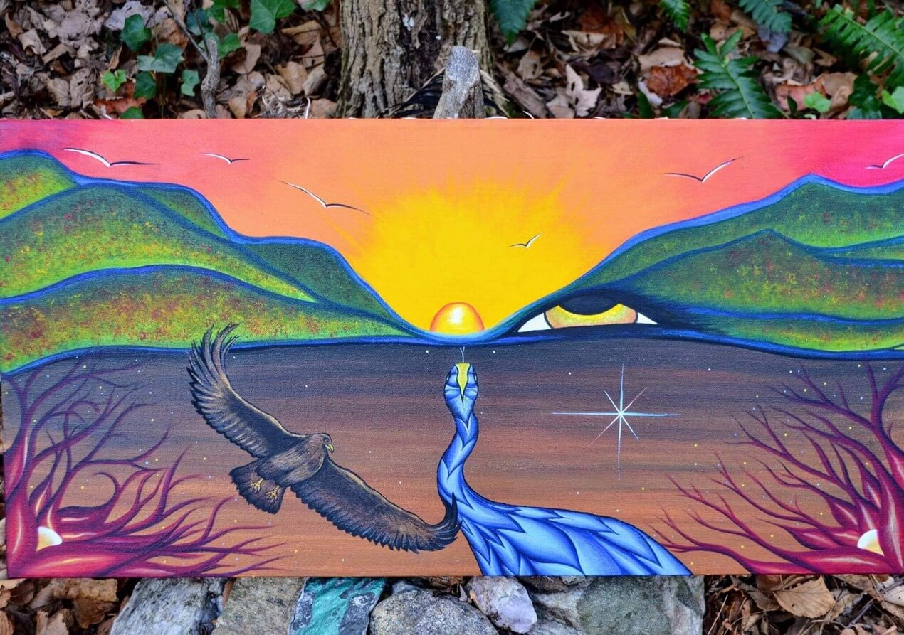 “Golden Eagle and the Feathered Serpent” Original Painting on Canvas